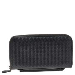 Pre Owned Bottega Veneta Black Intrecciato Leather Zip Around Wallet