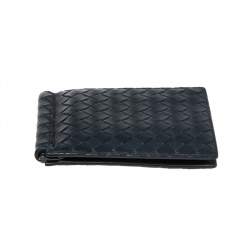 Pre Owned Bottega Veneta Navy Blue Intrecciato Leather Money Clip Bifold Wallet