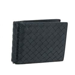 Pre Owned Bottega Veneta Navy Blue Intrecciato Leather Money Clip Bifold Wallet