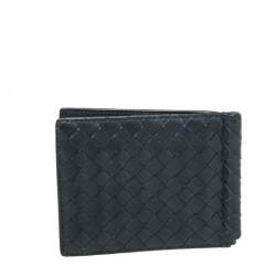 Pre Owned Bottega Veneta Navy Blue Intrecciato Leather Money Clip Bifold Wallet