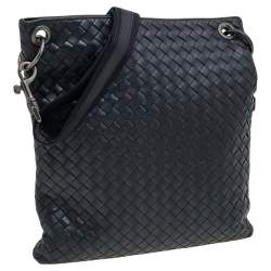 Pre Owned Bottega Veneta Black Intrecciato Leather Messenger Bag