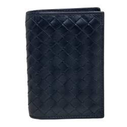 Pre Owned Bottega Veneta Navy Blue Intrecciato Leather Card Holder