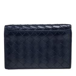 Pre Owned Bottega Veneta Navy Blue Intrecciato Leather Card Holder