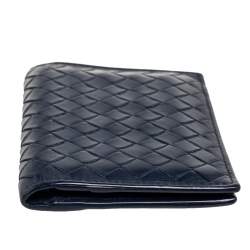 Pre Owned Bottega Veneta Navy Blue Intrecciato Leather Card Holder