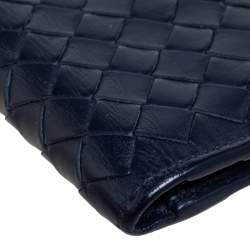 Pre Owned Bottega Veneta Navy Blue Intrecciato Leather Card Holder