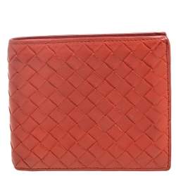 Pre Owned Bottega Veneta Orange Intrecciato Leather Bifold Wallet