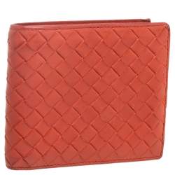 Pre Owned Bottega Veneta Orange Intrecciato Leather Bifold Wallet