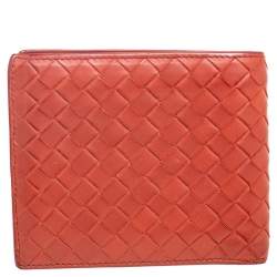 Pre Owned Bottega Veneta Orange Intrecciato Leather Bifold Wallet