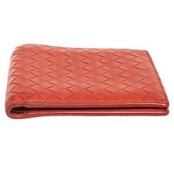 Pre Owned Bottega Veneta Orange Intrecciato Leather Bifold Wallet