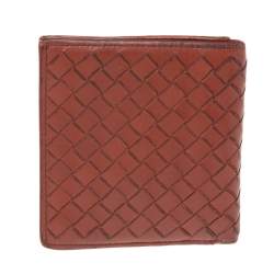 Pre Owned Bottega Veneta Brown Intreciatto Leather Bifold Compact Wallet