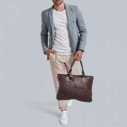Bottega Veneta Dark Brown Intrecciato Leather Double Compartment Briefcase
