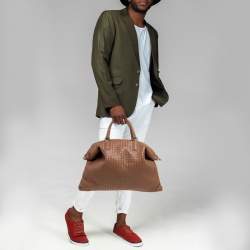 Pre Owned Bottega Veneta Brown Intrecciato Leather Weekender Bag