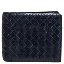 Pre Owned Bottega Veneta Dark Blue Intrecciato Leather Bifold Wallet