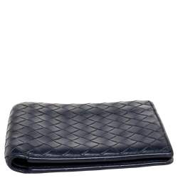 Pre Owned Bottega Veneta Dark Blue Intrecciato Leather Bifold Wallet