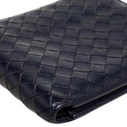 Pre Owned Bottega Veneta Dark Blue Intrecciato Leather Bifold Wallet