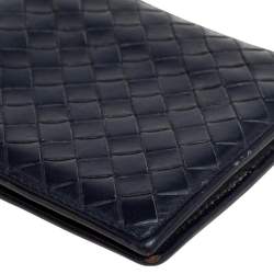 Pre Owned Bottega Veneta Dark Blue Intrecciato Leather Bifold Wallet