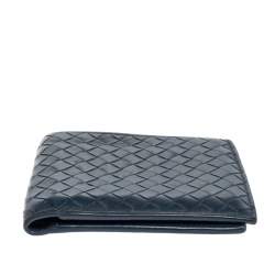 Pre Owned Bottega Veneta Blue Intrecciato Leather Bifold Compact Wallet
