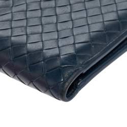 Pre Owned Bottega Veneta Blue Intrecciato Leather Bifold Compact Wallet