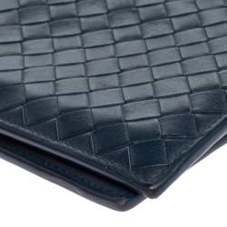Pre Owned Bottega Veneta Blue Intrecciato Leather Bifold Compact Wallet