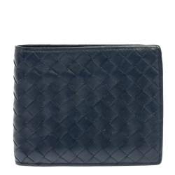 Pre Owned Bottega Veneta Blue Intrecciato Leather Bifold Compact Wallet