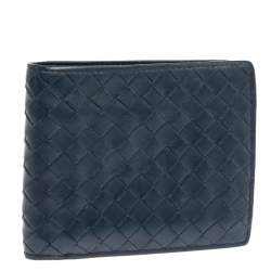 Pre Owned Bottega Veneta Blue Intrecciato Leather Bifold Compact Wallet