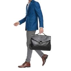 Pre Owned Bottega Veneta Black Intrecciato Leather Envelope Flap Briefcase
