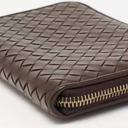 Pre Owned Bottega Veneta Dark Brown Intrecciato Leather Zip Around Wallet Organizer