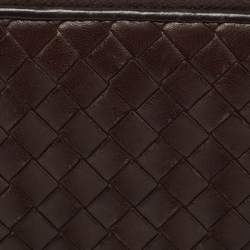 Pre Owned Bottega Veneta Dark Brown Intrecciato Leather Zip Around Wallet Organizer