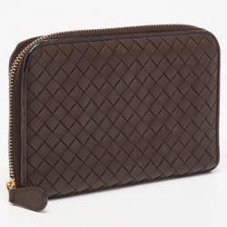 Pre Owned Bottega Veneta Dark Brown Intrecciato Leather Zip Around Wallet Organizer