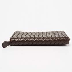Pre Owned Bottega Veneta Dark Brown Intrecciato Leather Zip Around Wallet Organizer