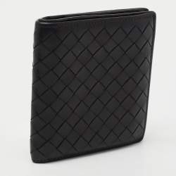 Pre Owned Bottega Veneta Black Intreciatto Leather Bifold Compact Wallet