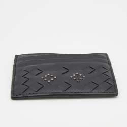 Pre Owned Bottega Veneta Black Intrecciato Leather Studded Card Holder