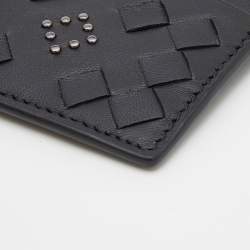 Pre Owned Bottega Veneta Black Intrecciato Leather Studded Card Holder