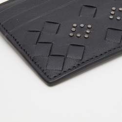 Pre Owned Bottega Veneta Black Intrecciato Leather Studded Card Holder