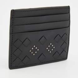 Pre Owned Bottega Veneta Black Intrecciato Leather Studded Card Holder