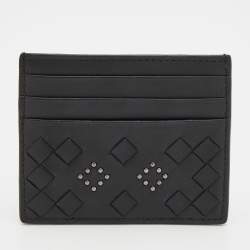 Pre Owned Bottega Veneta Black Intrecciato Leather Studded Card Holder