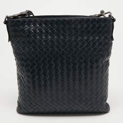 Pre Owned Bottega Veneta Navy Blue Intrecciato Leather Messenger Bag