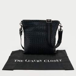 Pre Owned Bottega Veneta Navy Blue Intrecciato Leather Messenger Bag