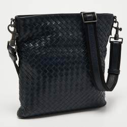 Pre Owned Bottega Veneta Navy Blue Intrecciato Leather Messenger Bag