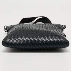 Pre Owned Bottega Veneta Navy Blue Intrecciato Leather Messenger Bag