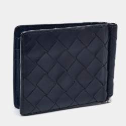 Pre Owned Bottega Veneta Navy Blue Intrecciato Leather Money Clip Bifold Wallet