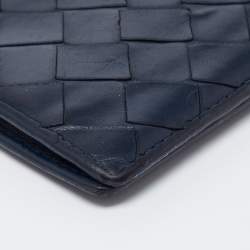 Pre Owned Bottega Veneta Navy Blue Intrecciato Leather Money Clip Bifold Wallet