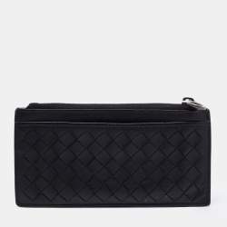 Pre Owned Bottega Veneta Black/Off White Intrecciato Leather Zip Card Case