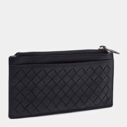 Pre Owned Bottega Veneta Black/Off White Intrecciato Leather Zip Card Case