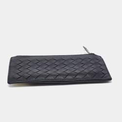 Pre Owned Bottega Veneta Black/Off White Intrecciato Leather Zip Card Case