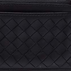 Pre Owned Bottega Veneta Black/Off White Intrecciato Leather Zip Card Case