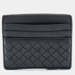 Pre Owned Bottega Veneta Black Intrecciato Leather Card Holder