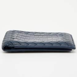 Pre Owned Bottega Veneta Blue Intrecciato Leather and Crocodile Bifold Wallet