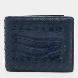 Pre Owned Bottega Veneta Blue Intrecciato Leather and Crocodile Bifold Wallet