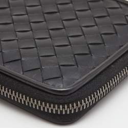 Bottega Veneta Black Intrecciato Leather Zip Around Compact Wallet
